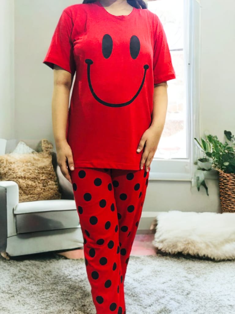 Red Smiley half Sleeves Printed Pajama Night Suit
